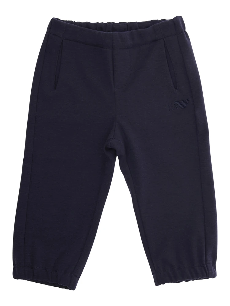 Blue Pants with Elastic Waist and Tonal Logo Embroidery in Viscose Blend Stretch Baby