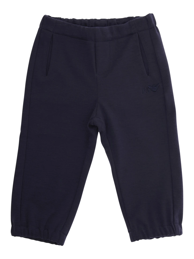 Blue Pants with Elastic Waist and Tonal Logo Embroidery in Viscose Blend Stretch Baby