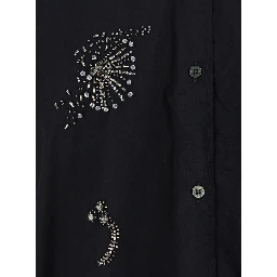 Black Shirt with Classic Collar and Rhinestone Embellishments on the Front in Cotton Blend Stretch Woman