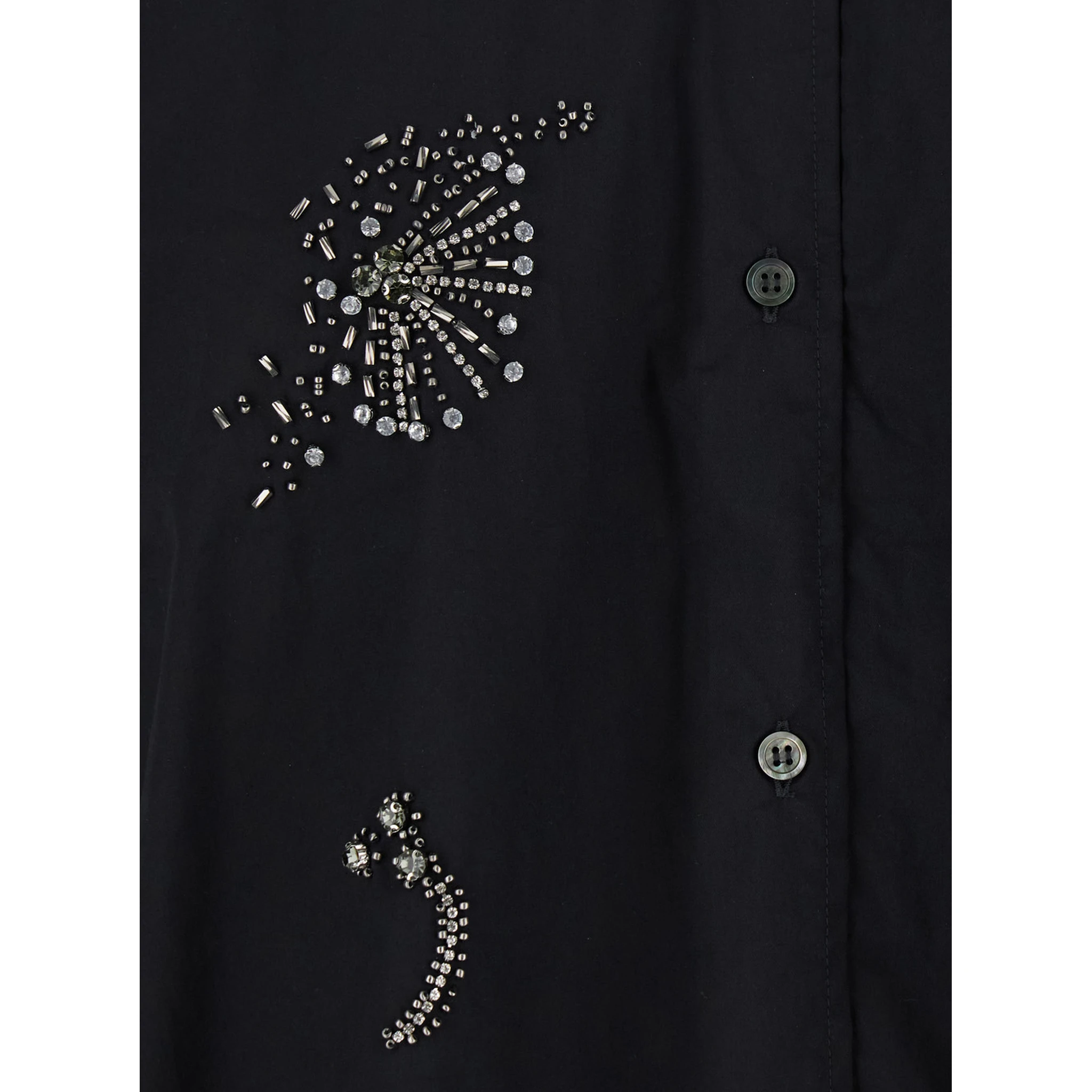 Black Shirt with Classic Collar and Rhinestone Embellishments on the Front in Cotton Blend Stretch Woman