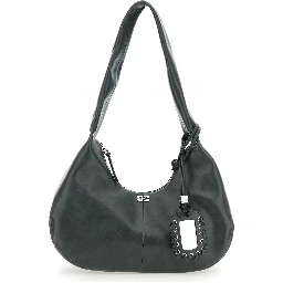 Bou Black Medium Shoulder Bag with Single Shoulder Strap and Tonal Logo Plaque on the Front in Leather Woman