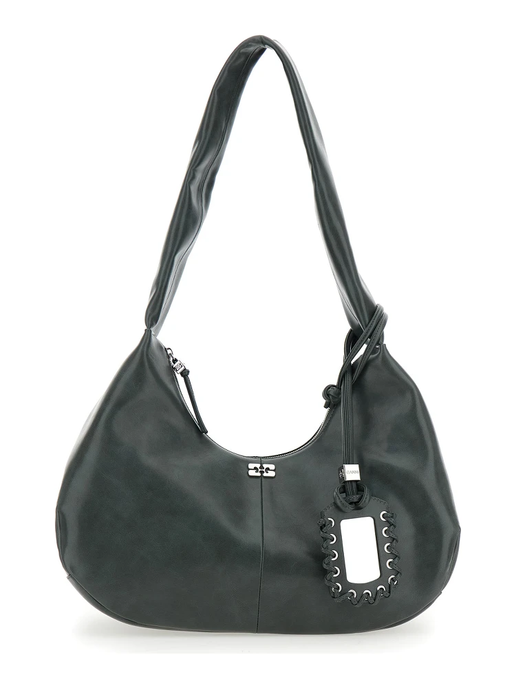 Bou Black Medium Shoulder Bag with Single Shoulder Strap and Tonal Logo Plaque on the Front in Leather Woman