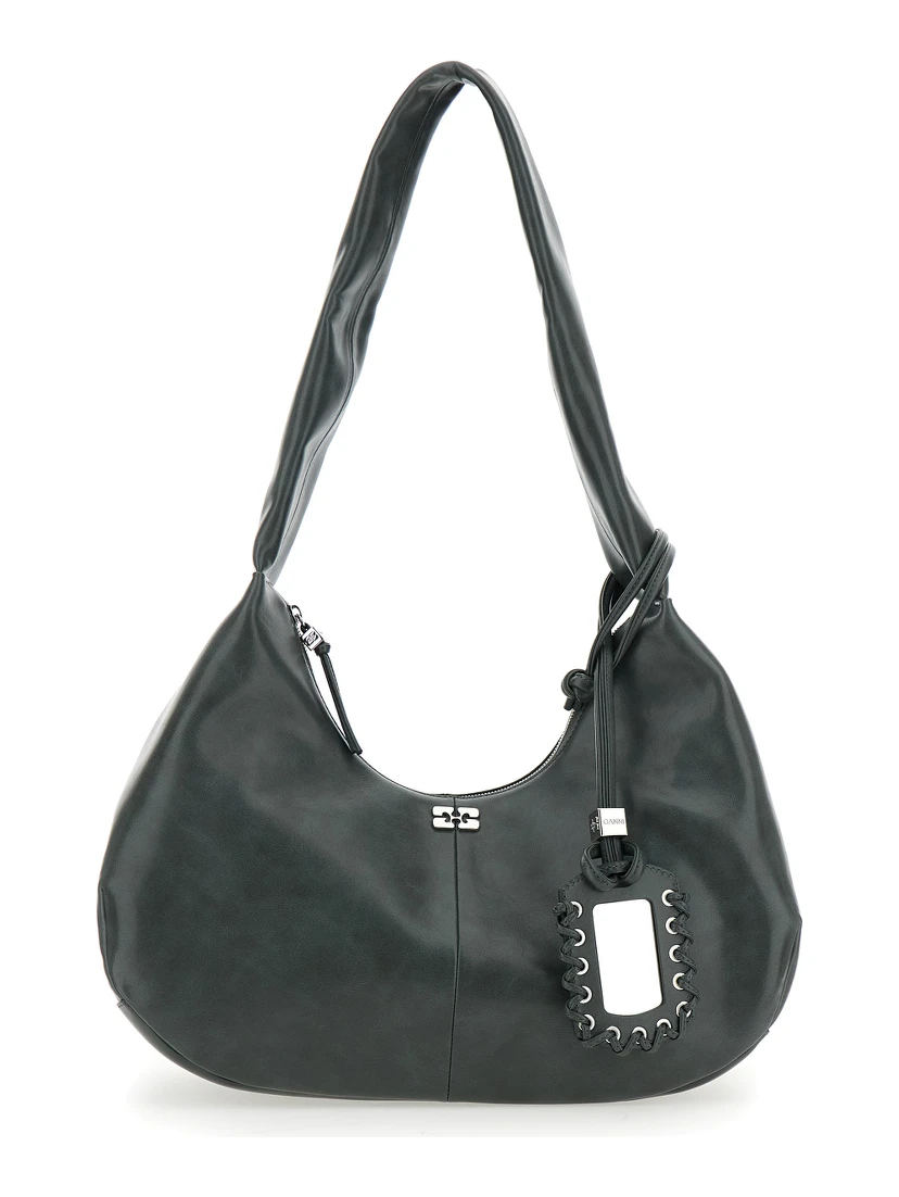 Bou Black Medium Shoulder Bag with Single Shoulder Strap and Tonal Logo Plaque on the Front in Leather Woman