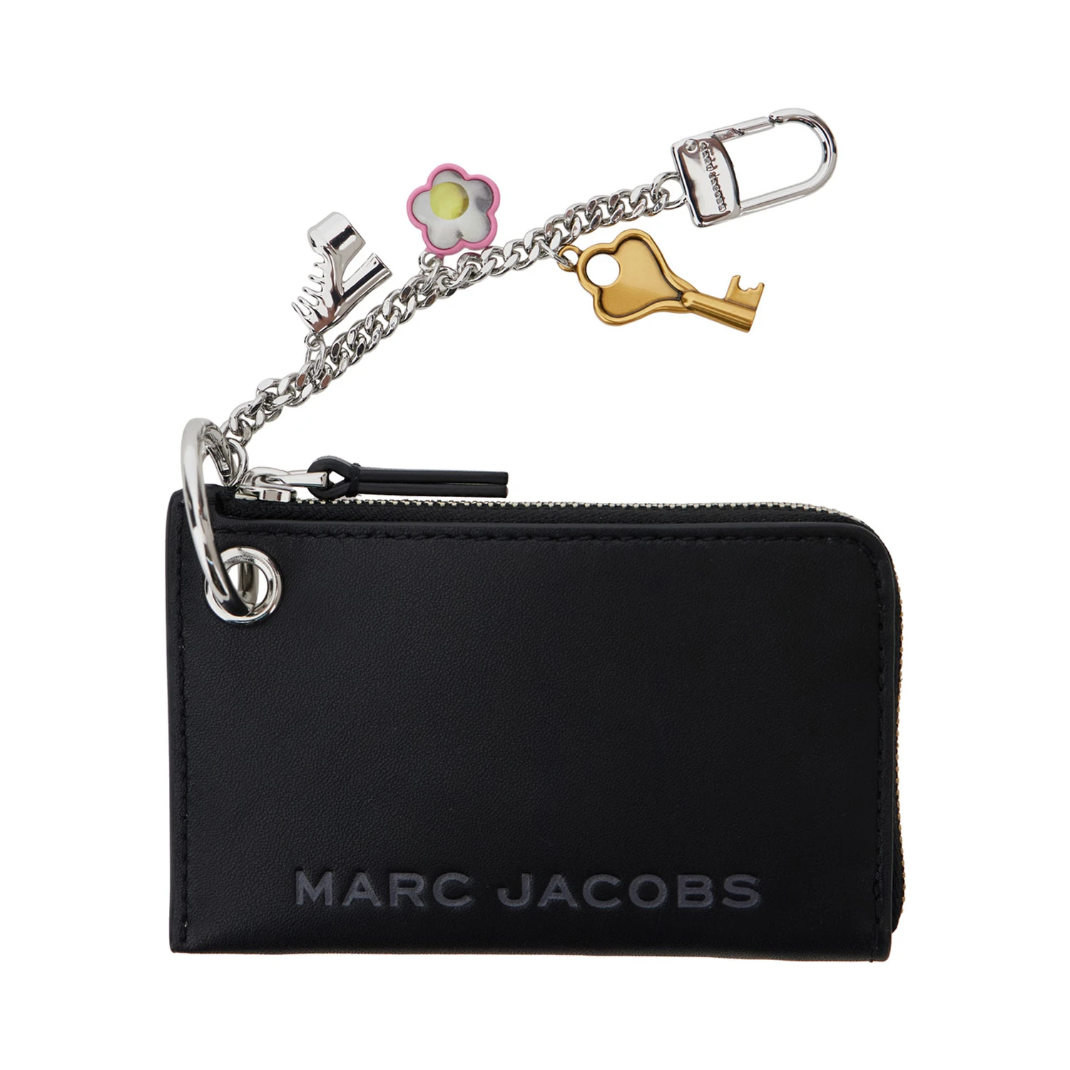The Coin Purse Charm Black Keychain with Logo Lettering on the Front and Charm Embellishments in Grained Leather Woman