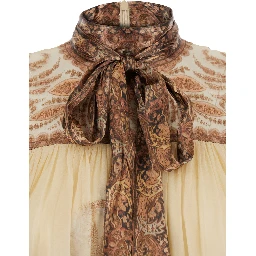 Hypnotic Multicolor Mini Dress with Pussybow Collar and All-Over Paisley Print in Silk Blend Woman