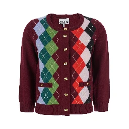 Multicolor Crewneck Cardigan with Jewel Buttons and Gemetric Motif on the Front in Wool and Cashmere Woman