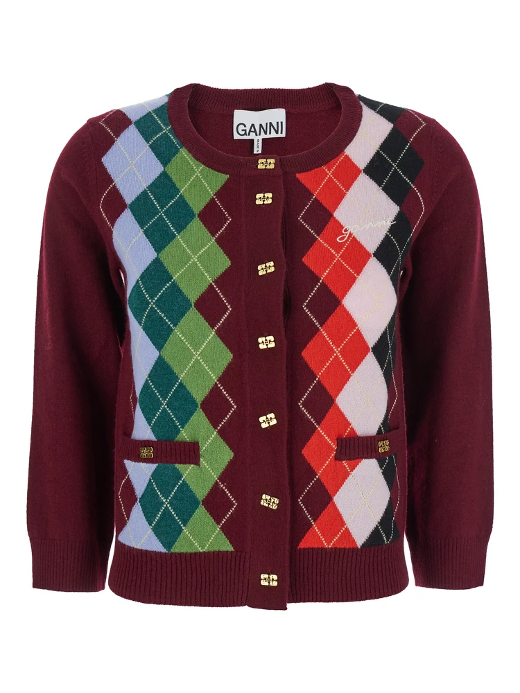 Multicolor Crewneck Cardigan with Jewel Buttons and Gemetric Motif on the Front in Wool and Cashmere Woman