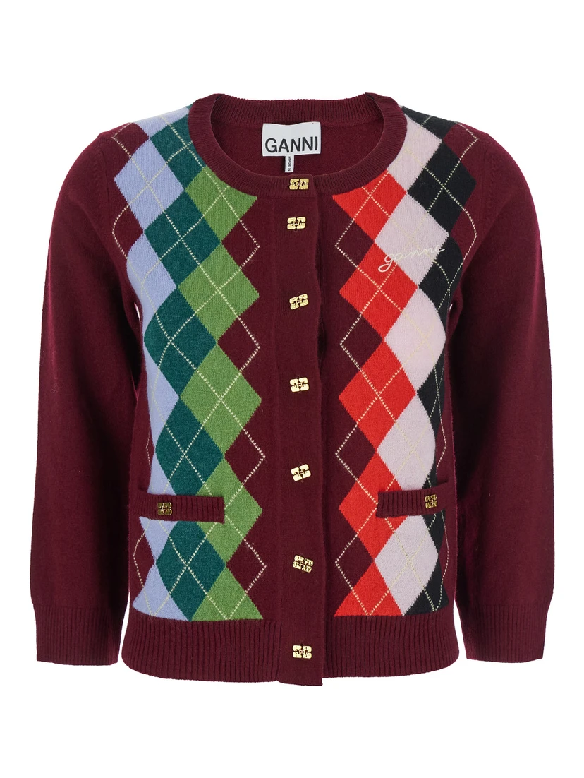 Multicolor Crewneck Cardigan with Jewel Buttons and Gemetric Motif on the Front in Wool and Cashmere Woman