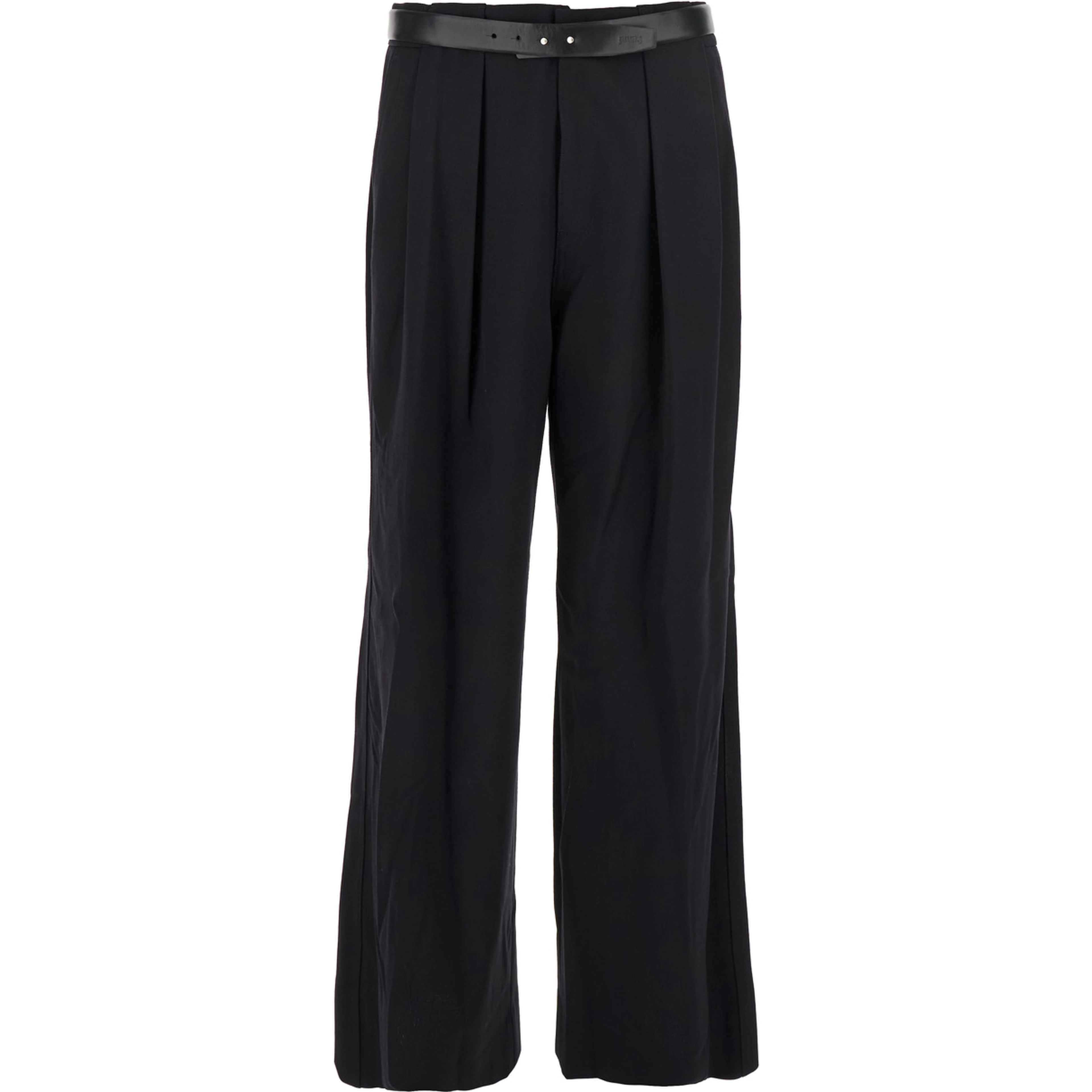Black Trousers with Built-in Belt and Pleated Design in Wool Blend Man