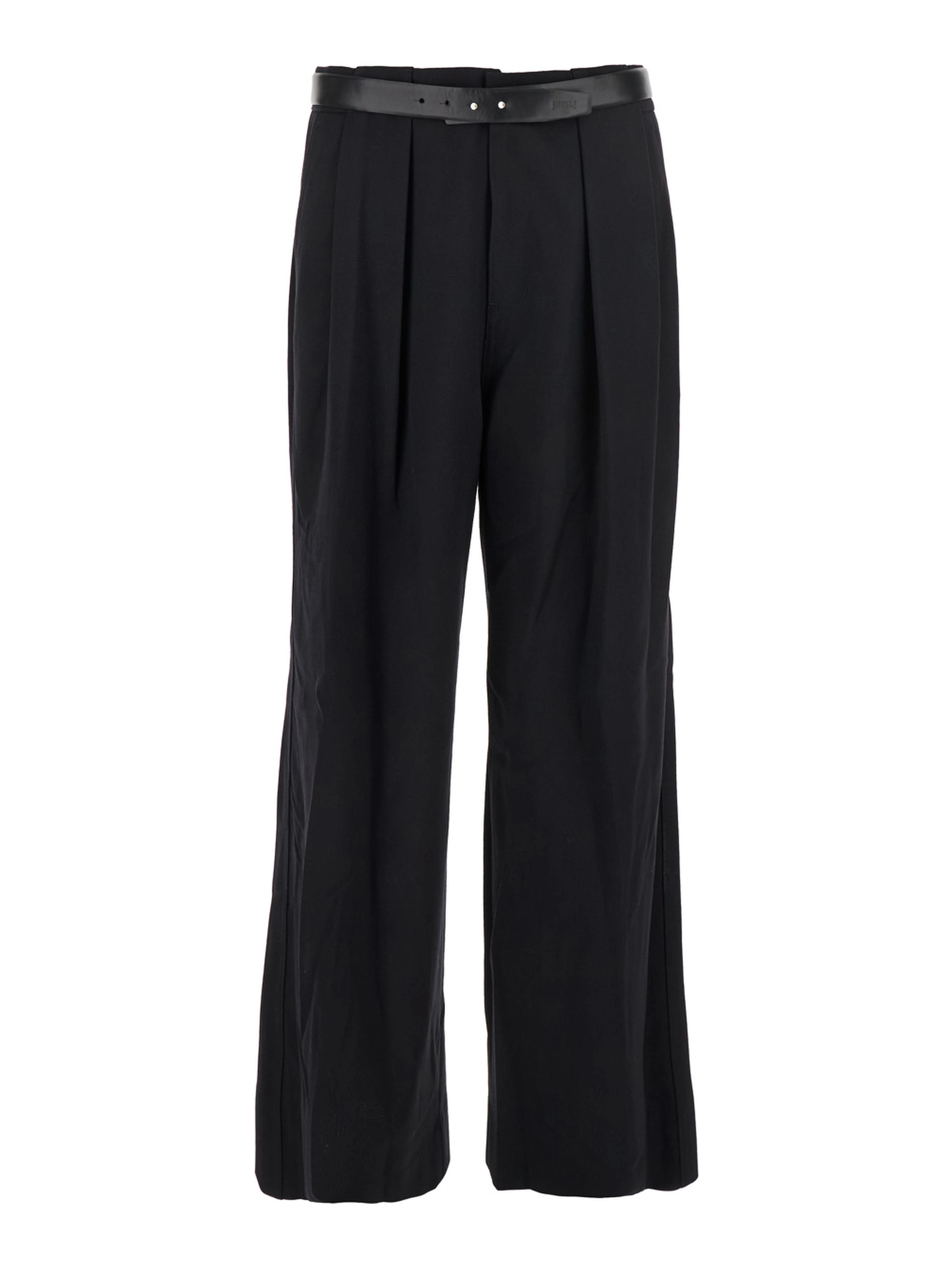 Black Trousers with Built-in Belt and Pleated Design in Wool Blend Man