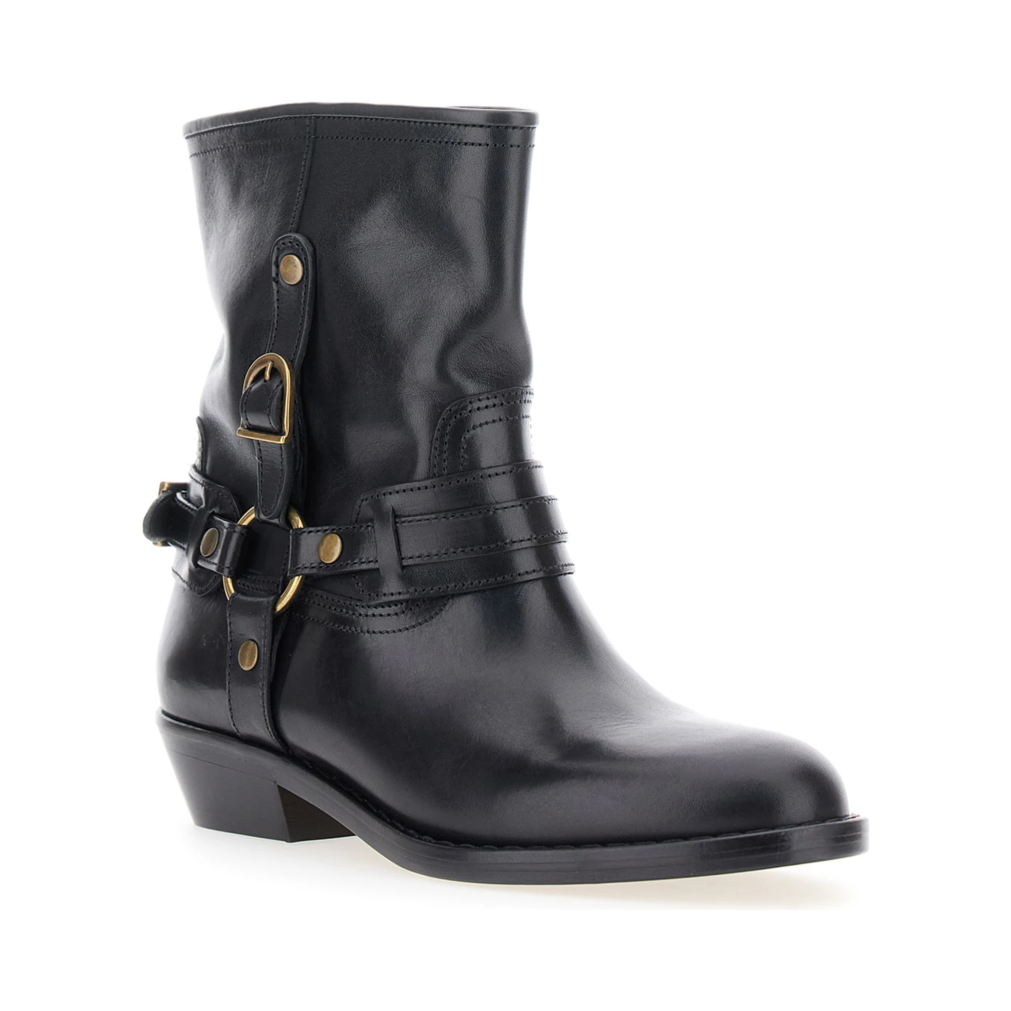 Ildred Black Ankle Boots with Medium Block Heel and Decorative Buckle in Leather Woman