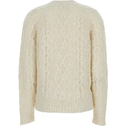White Crew Neck Sweater with Braided Design in Wool Woman