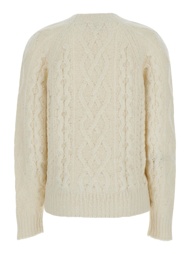 White Crew Neck Sweater with Braided Design in Wool Woman alternative