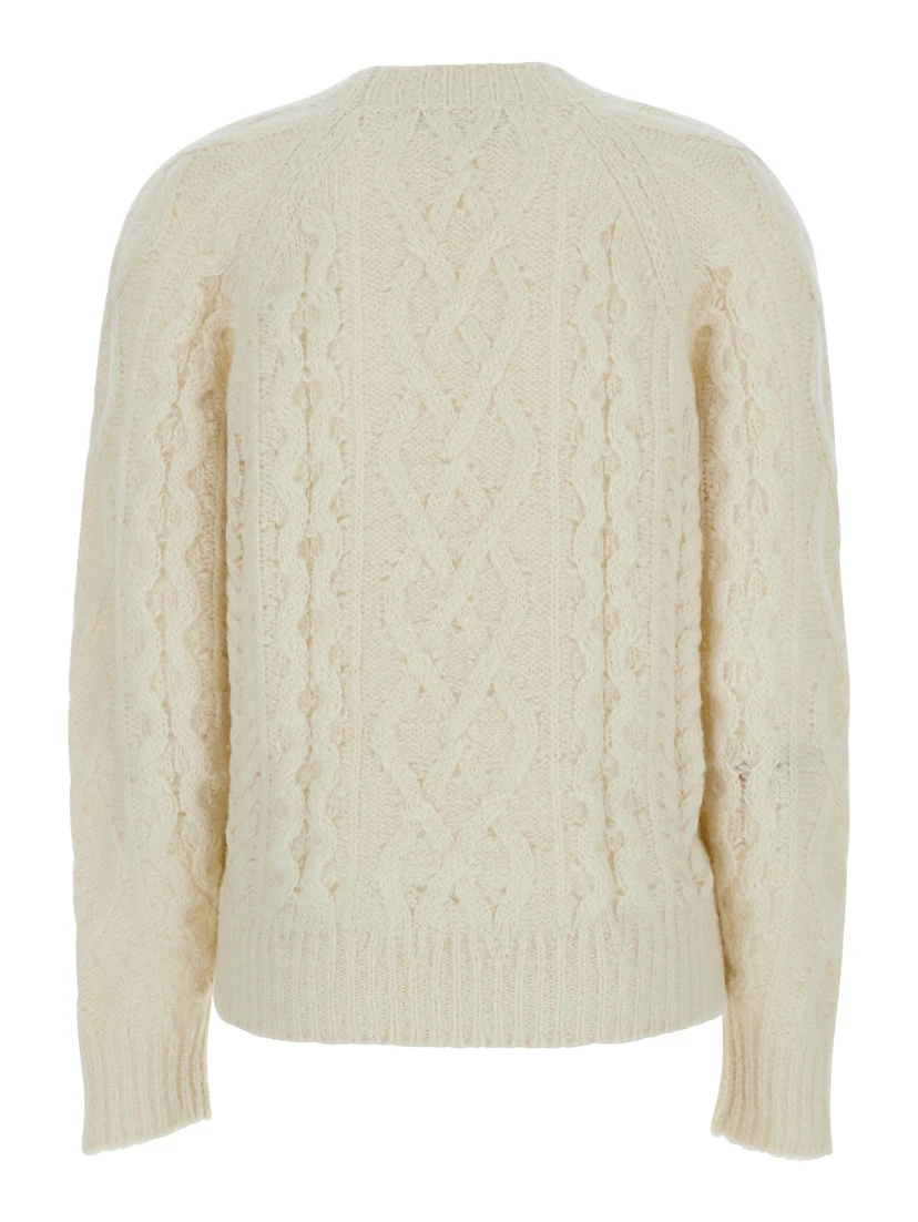 White Crew Neck Sweater with Braided Design in Wool Woman