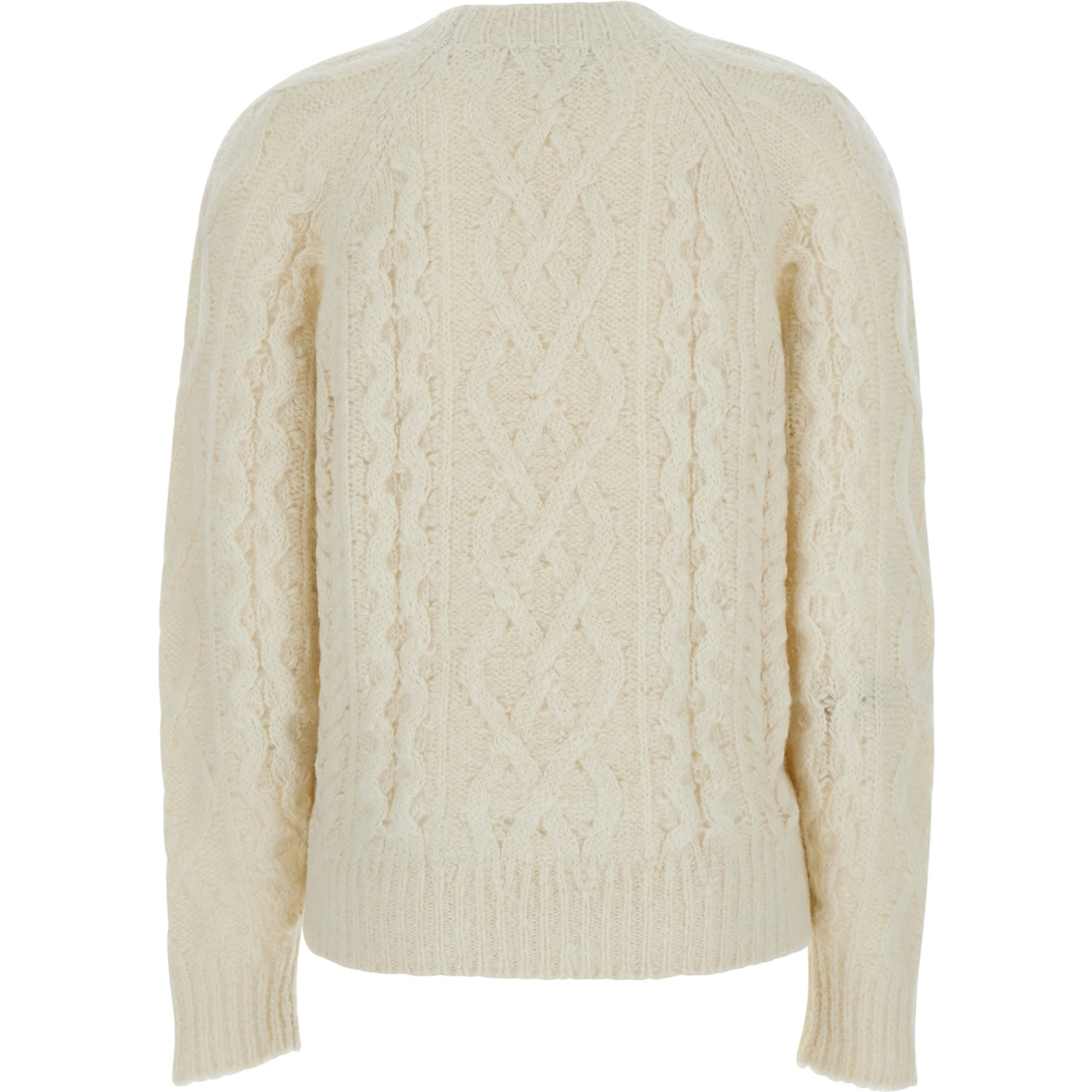 White Crew Neck Sweater with Braided Design in Wool Woman