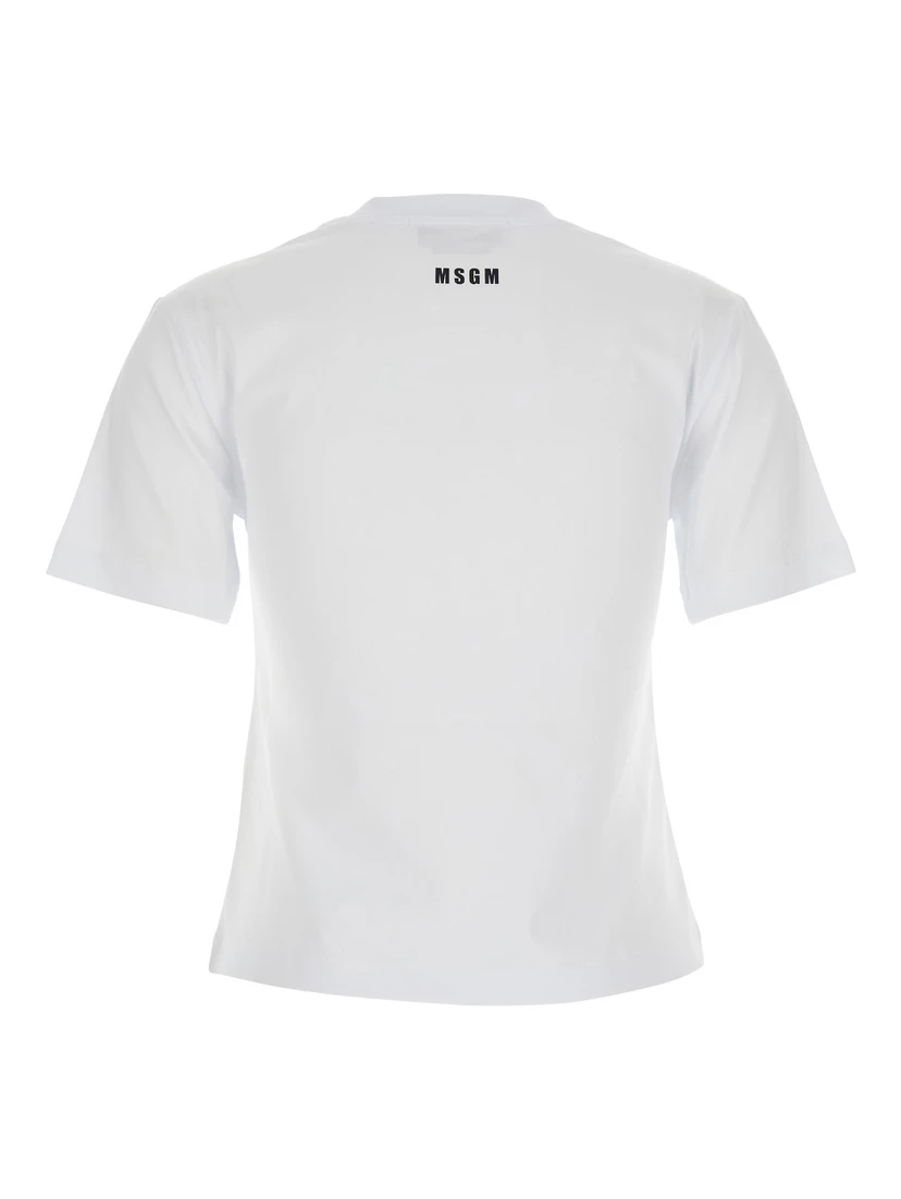 White Crewneck T-Shirt with Print on the Front and Logo Lettering on the Rear in Cotton Woman