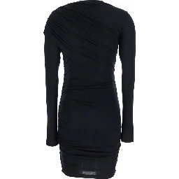 Denise Black Dress with Round Neckline and Ruffle Design in Fabric woman