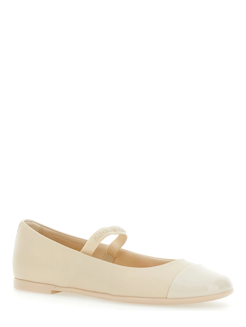 Beige Ballet Shoes with Cap Toe and Strap with Logo Lettering in Leather Girl