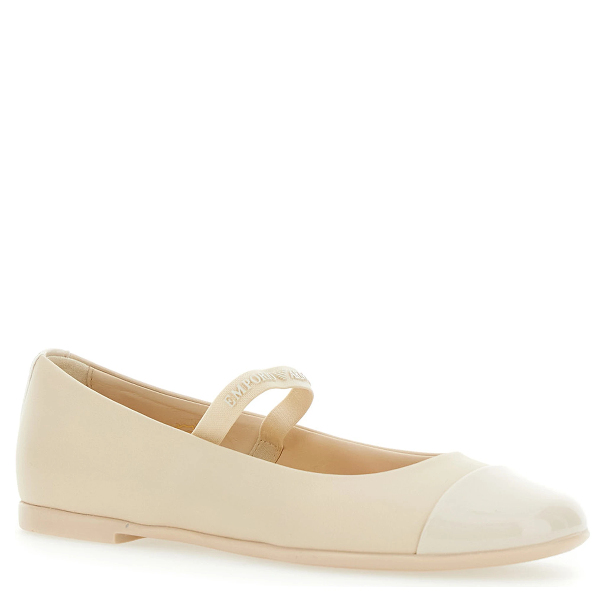 Beige Ballet Shoes with Cap Toe and Strap with Logo Lettering in Leather Girl