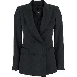 Black Double-breasted Jacket with Damask Effect in Wool Woman