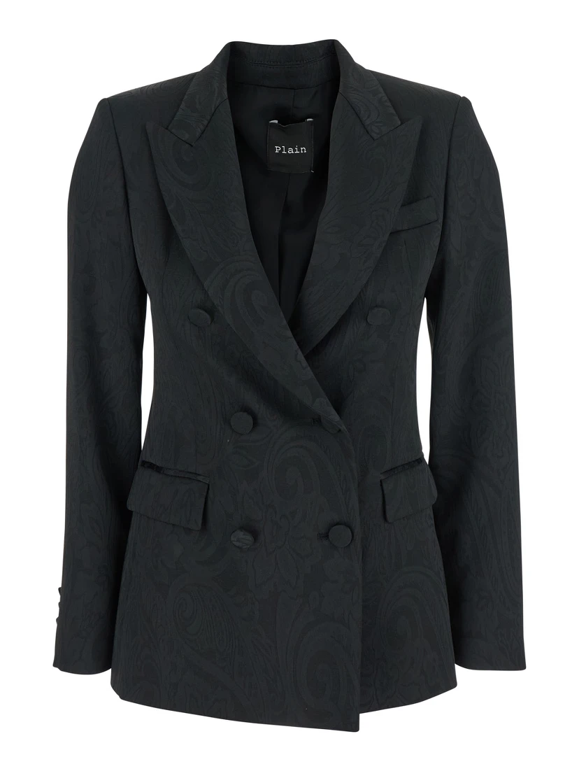 Black Double-breasted Jacket with Damask Effect in Wool Woman