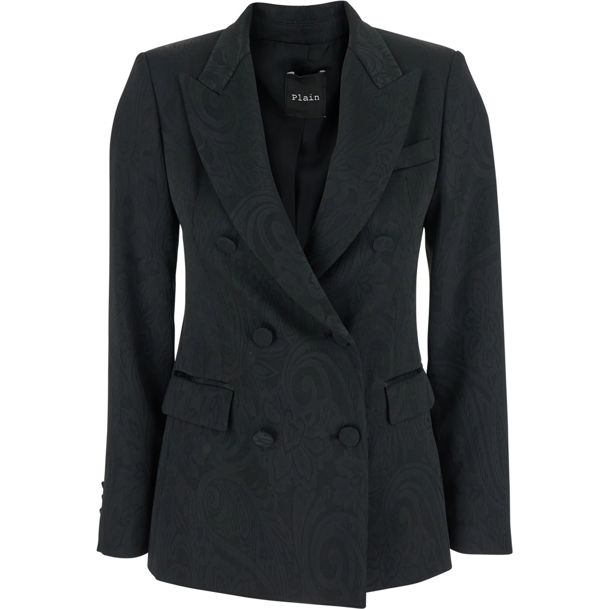 Black Double-breasted Jacket with Damask Effect in Wool Woman