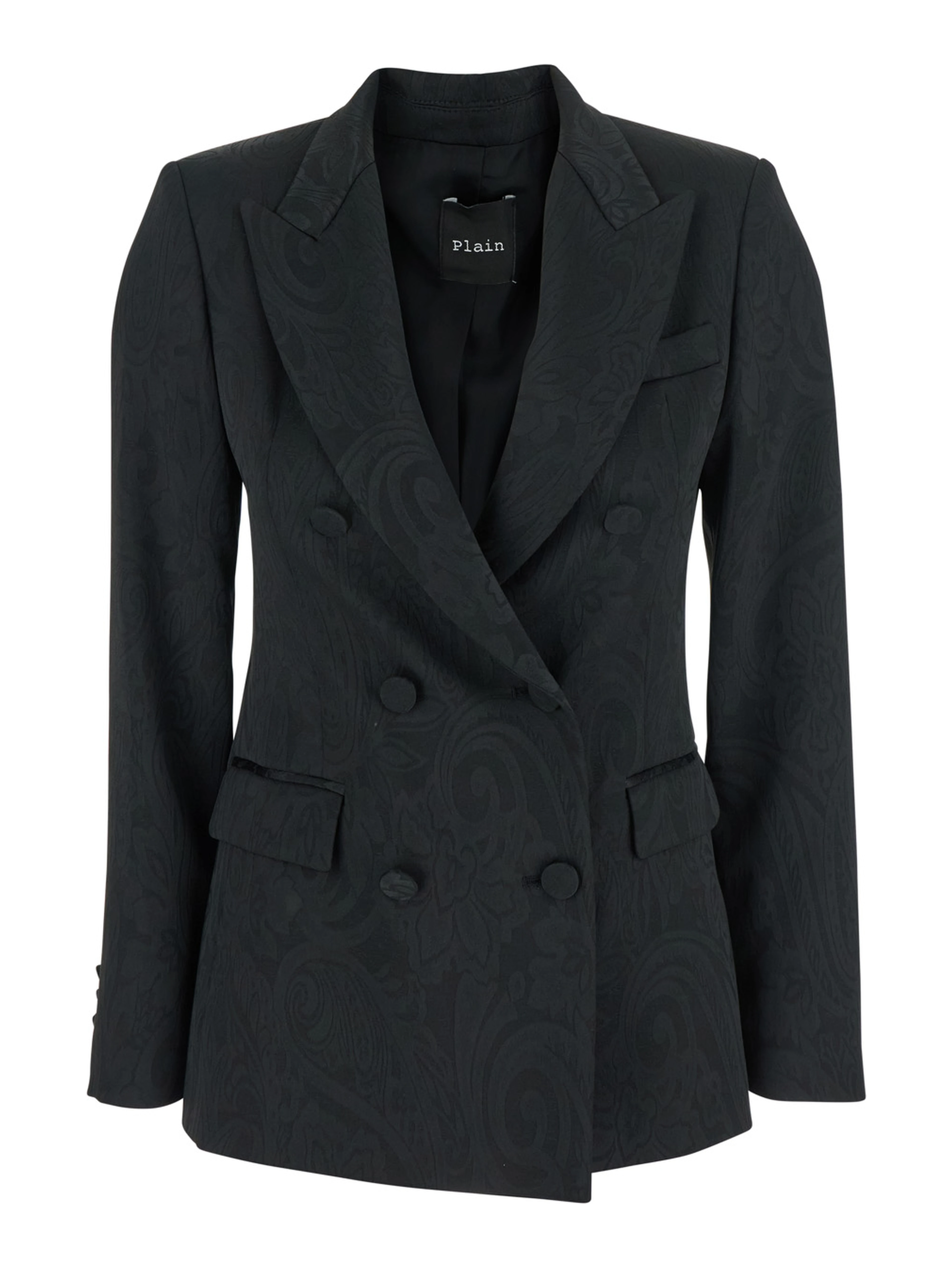 Black Double-breasted Jacket with Damask Effect in Wool Woman