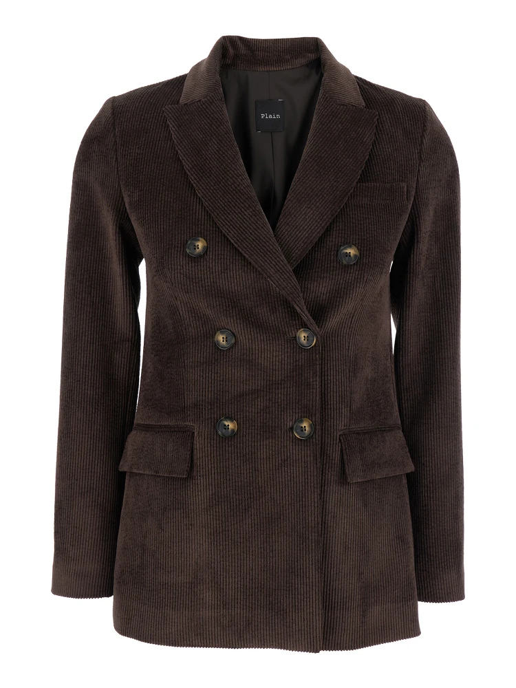 Brown Double-Breasted Jacket with Peak Revers in Ribbed Velvet Woman