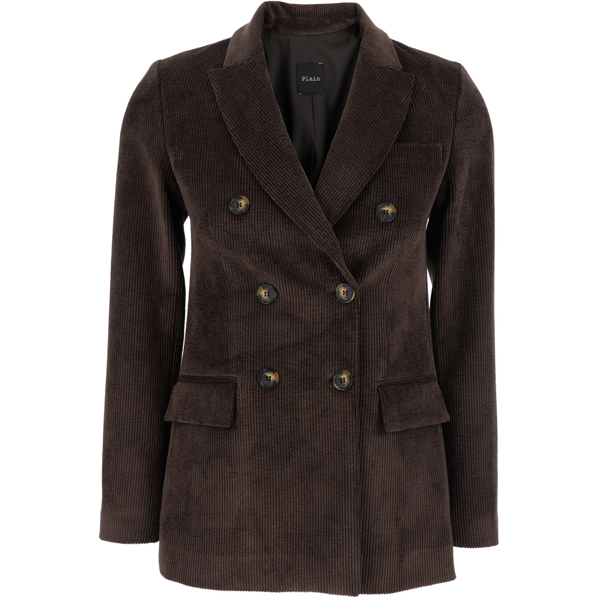 Brown Double-Breasted Jacket with Peak Revers in Ribbed Velvet Woman
