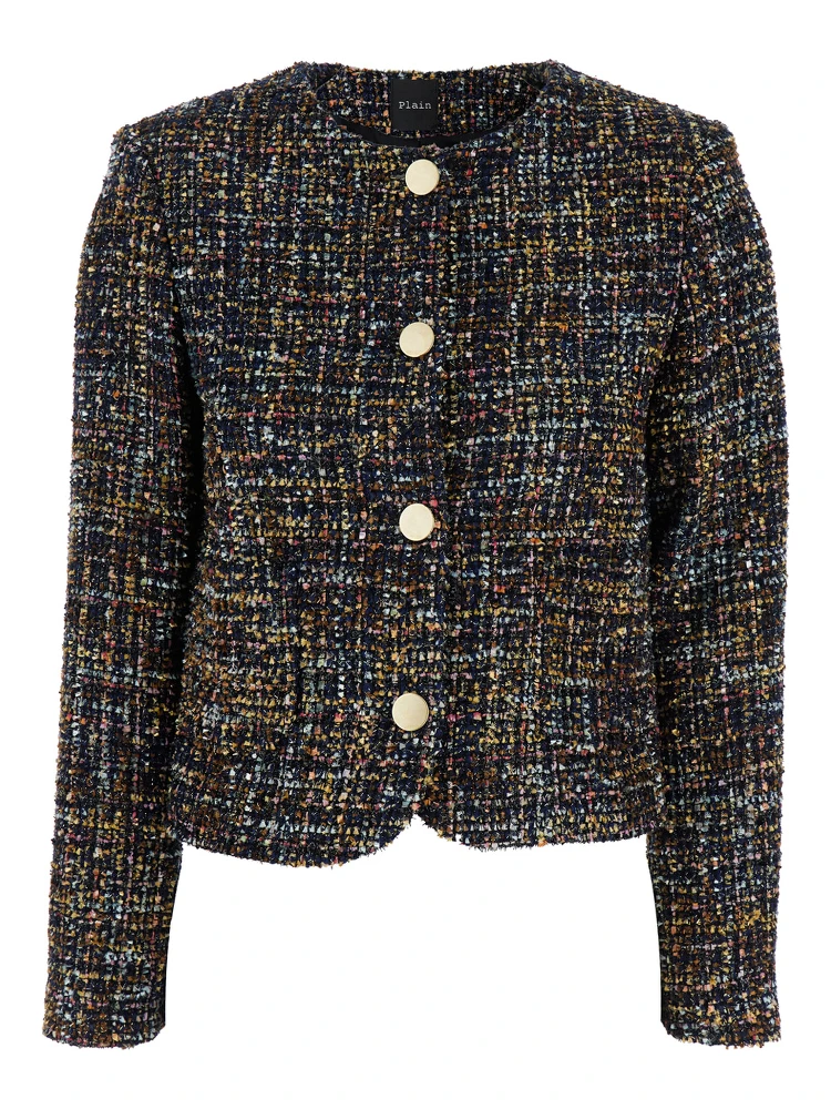 Multicolor Jacket with Round Neck and Front Button Closure in Tweed Woman