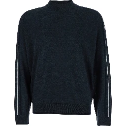 Dark Grey Crewneck Sweater with Stripe Detail on the Sleeve in Wool Man
