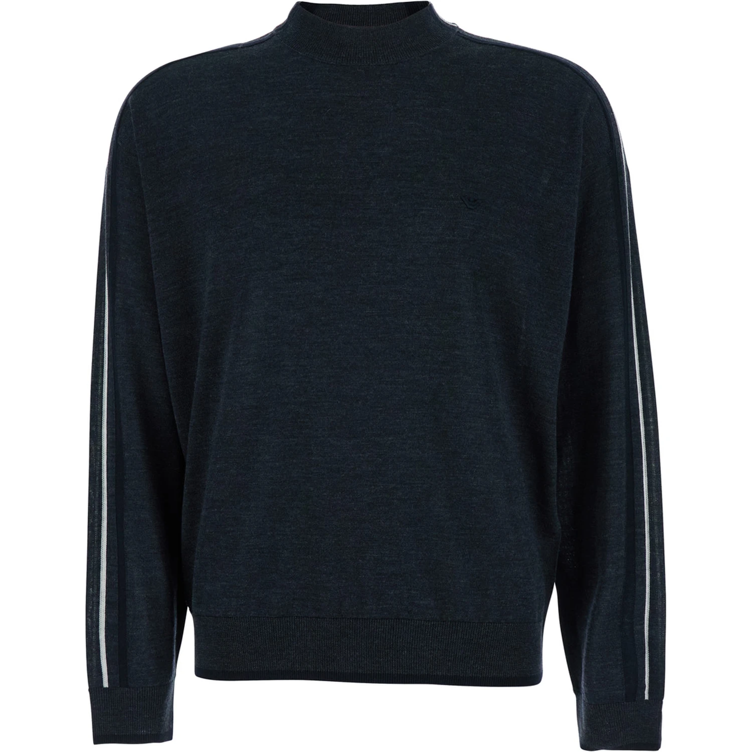 Dark Grey Crewneck Sweater with Stripe Detail on the Sleeve in Wool Man