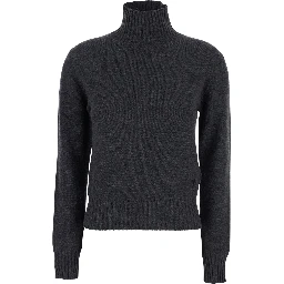 Grey Turtleneck Sweater with Ribbed Trims in Cashmere Woman