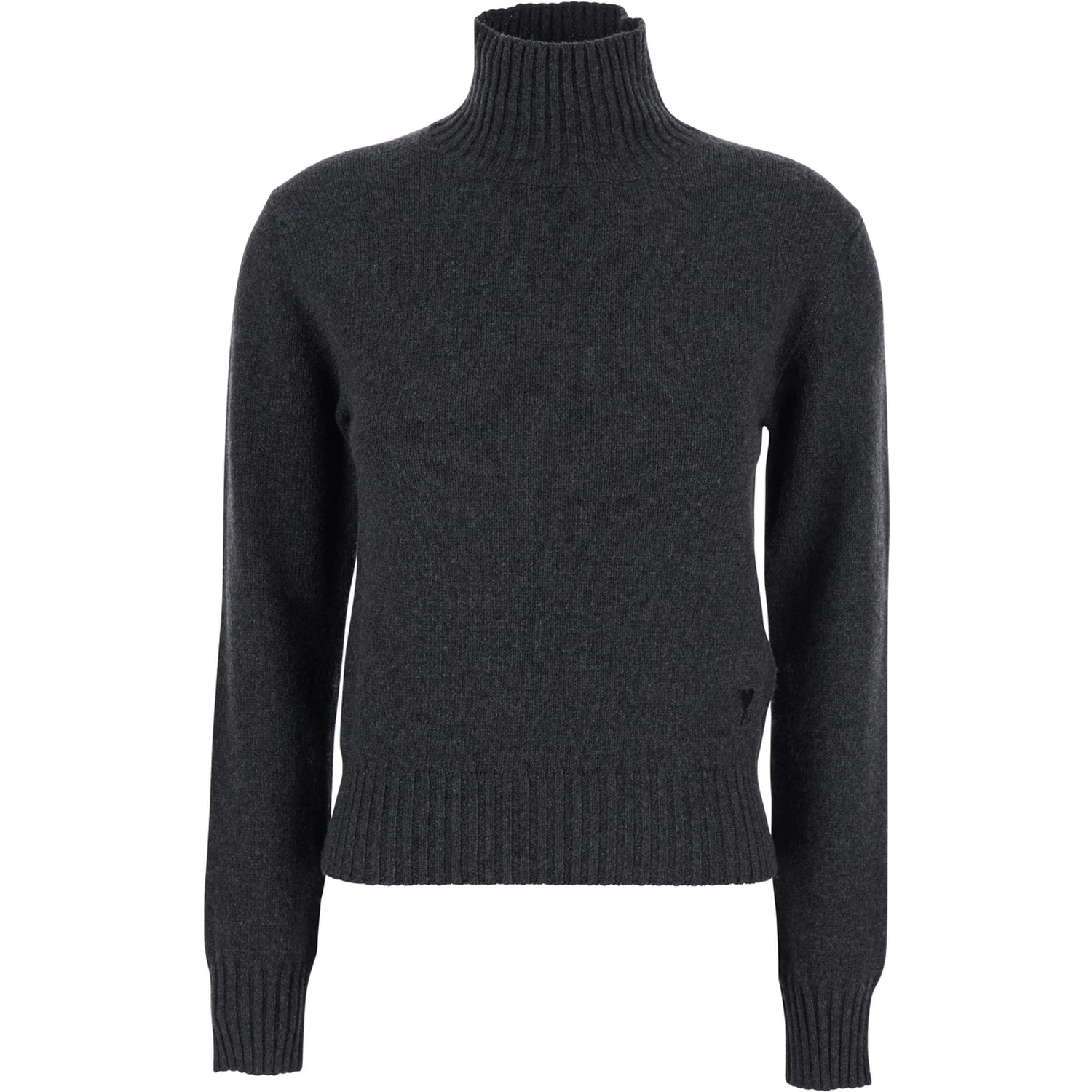 Grey Turtleneck Sweater with Ribbed Trims in Cashmere Woman