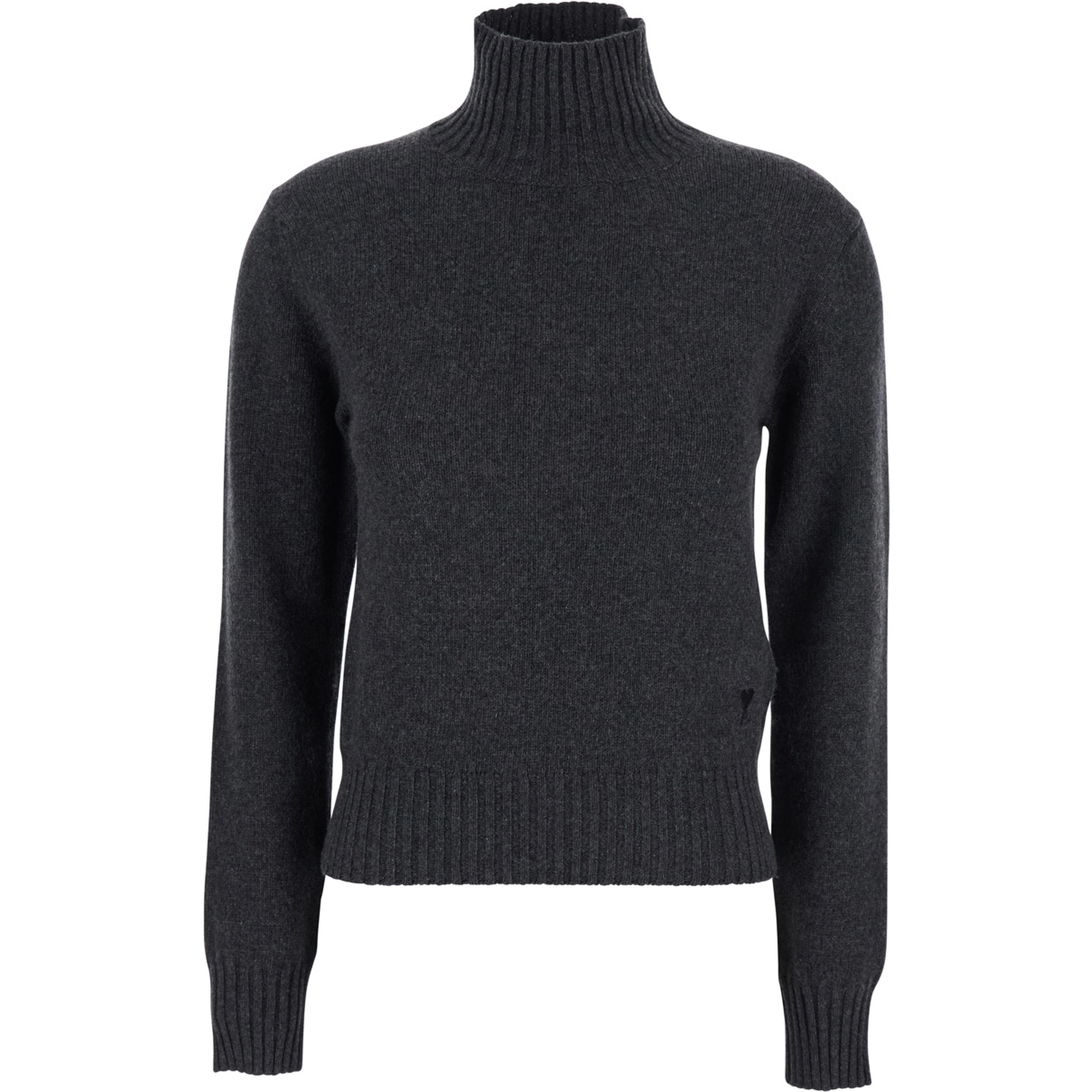 Grey Turtleneck Sweater with Ribbed Trims in Cashmere Woman
