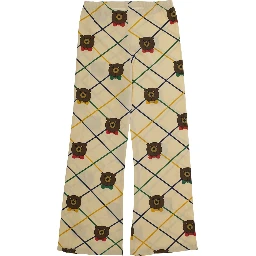Beige Flared Pants with All-Over Check Motif and Bear Print in Cotton Stretch Girl