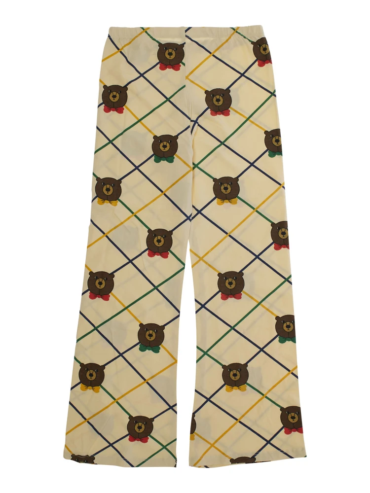 Beige Flared Pants with All-Over Check Motif and Bear Print in Cotton Stretch Girl alternative