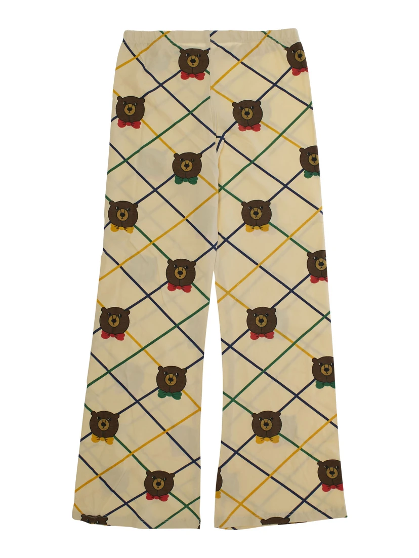 Beige Flared Pants with All-Over Check Motif and Bear Print in Cotton Stretch Girl