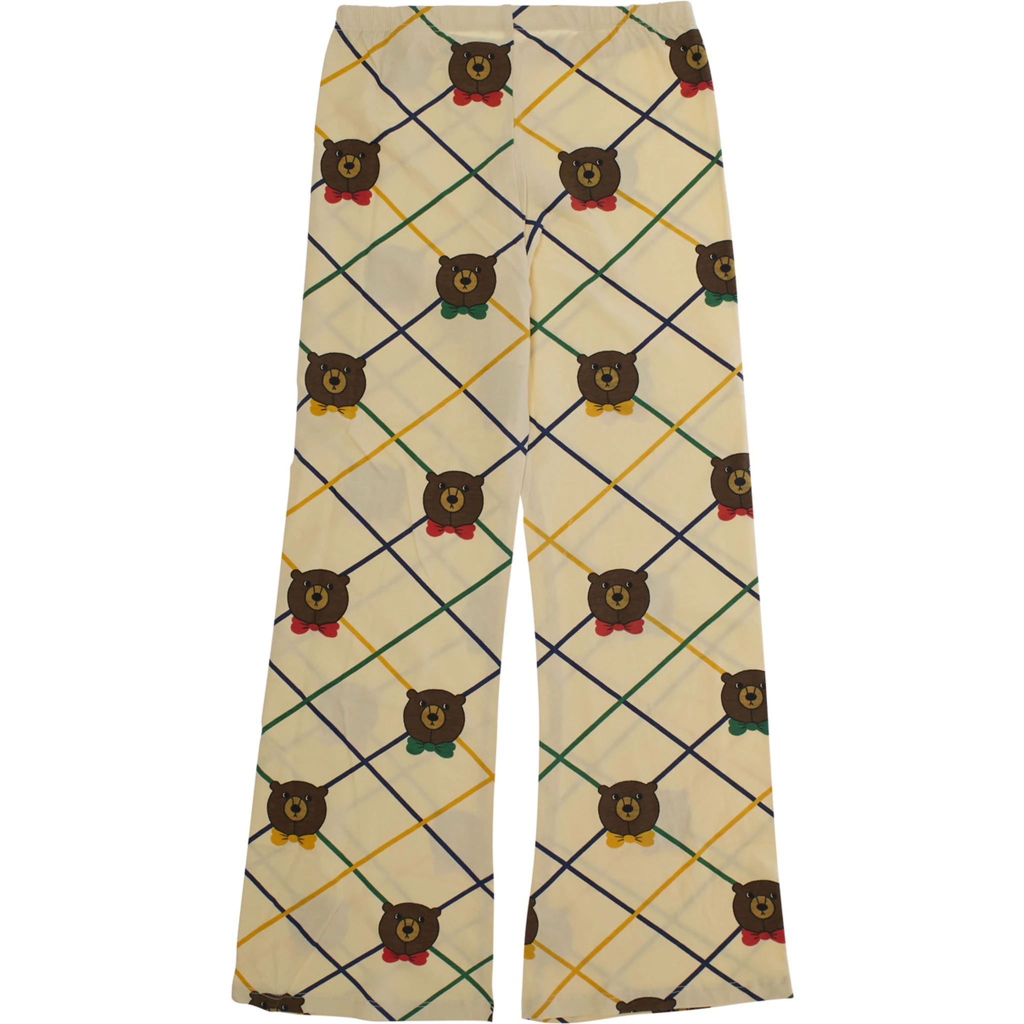 Beige Flared Pants with All-Over Check Motif and Bear Print in Cotton Stretch Girl