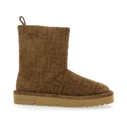 Brown Ankle Boots with All-Over FF Motif in Suede Woman