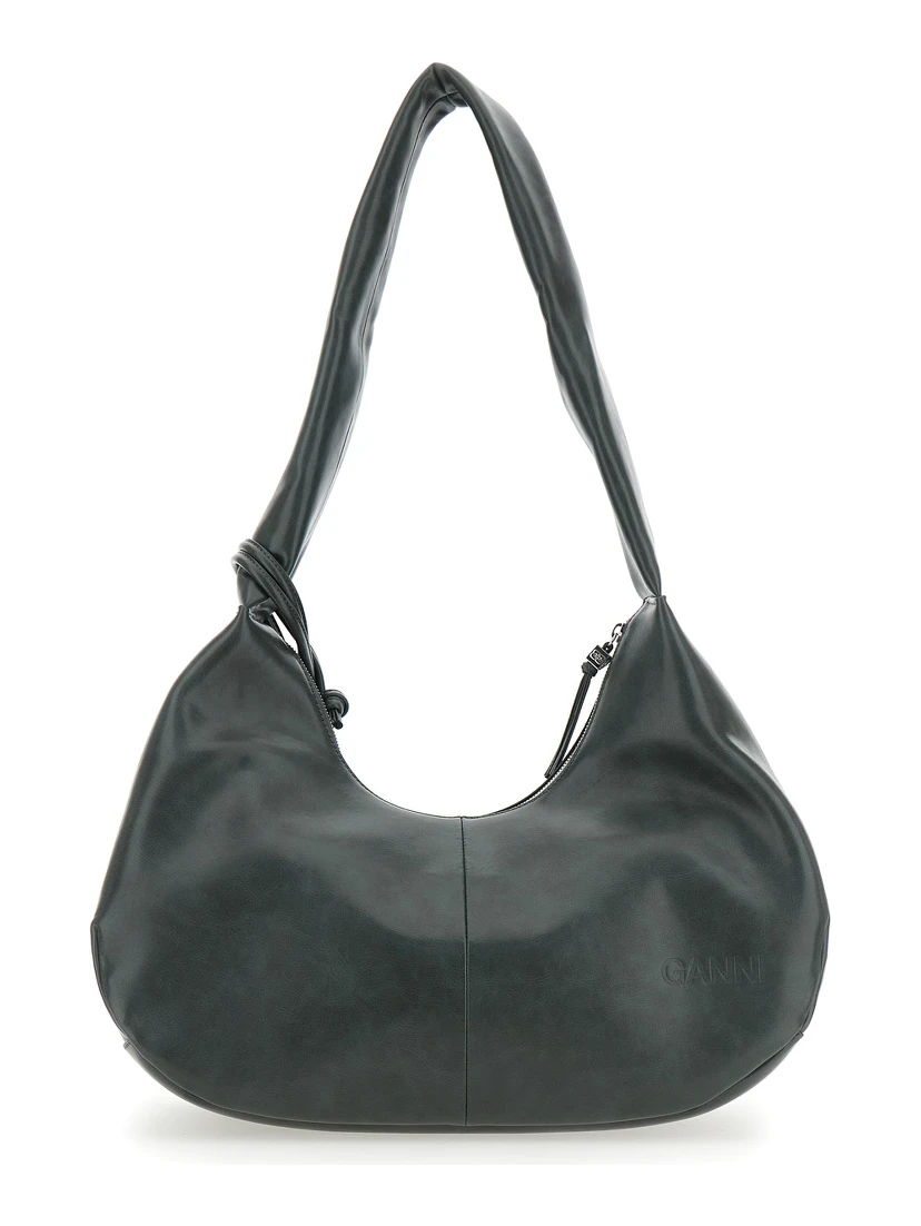 Bou Black Medium Shoulder Bag with Single Shoulder Strap and Tonal Logo Plaque on the Front in Leather Woman