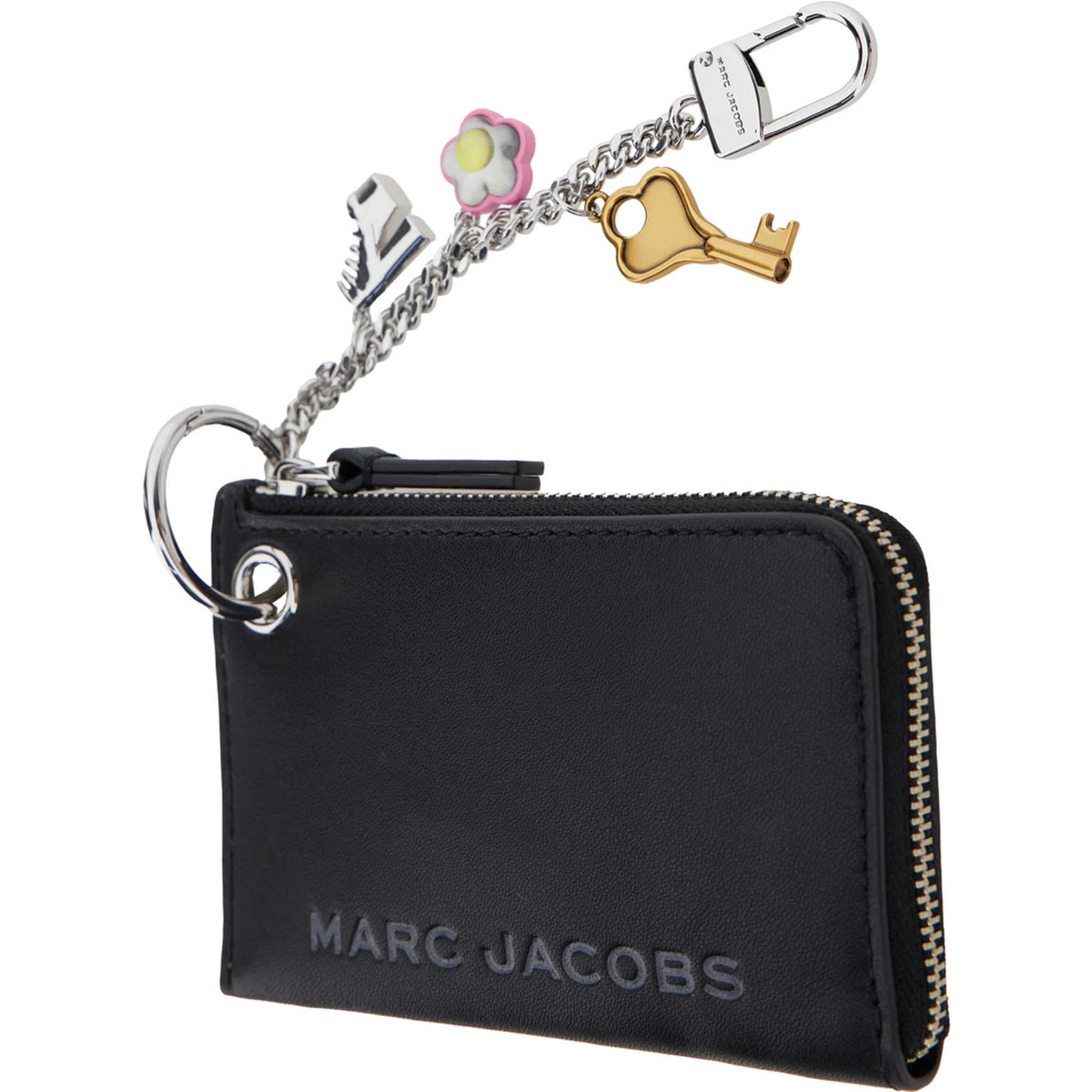 سلسلة مفاتيح سوداء مزينة بشعار مطبوع على الجهة الأمامية وزخارف من الجلد المحبب للنساء