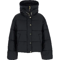 Black Down Jacket with Drawstring Hood and Logo Patch on the Sleeve in Tech Fabric Woman