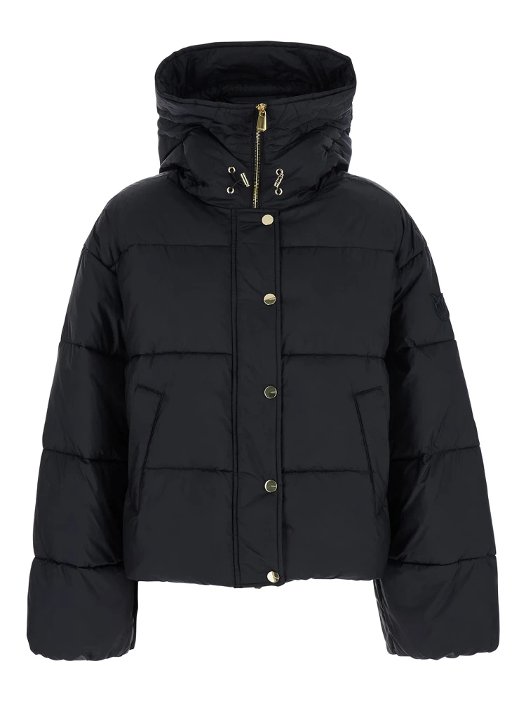 Black Down Jacket with Drawstring Hood and Logo Patch on the Sleeve in Tech Fabric Woman