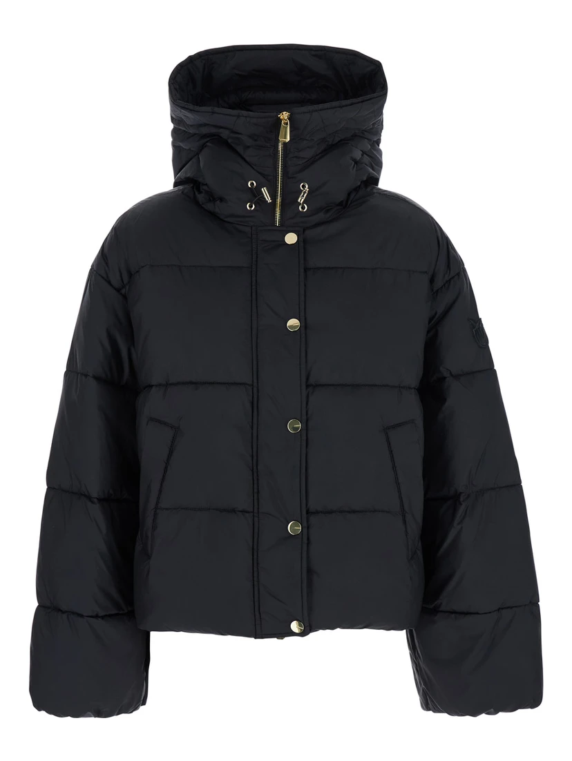 Black Down Jacket with Drawstring Hood and Logo Patch on the Sleeve in Tech Fabric Woman