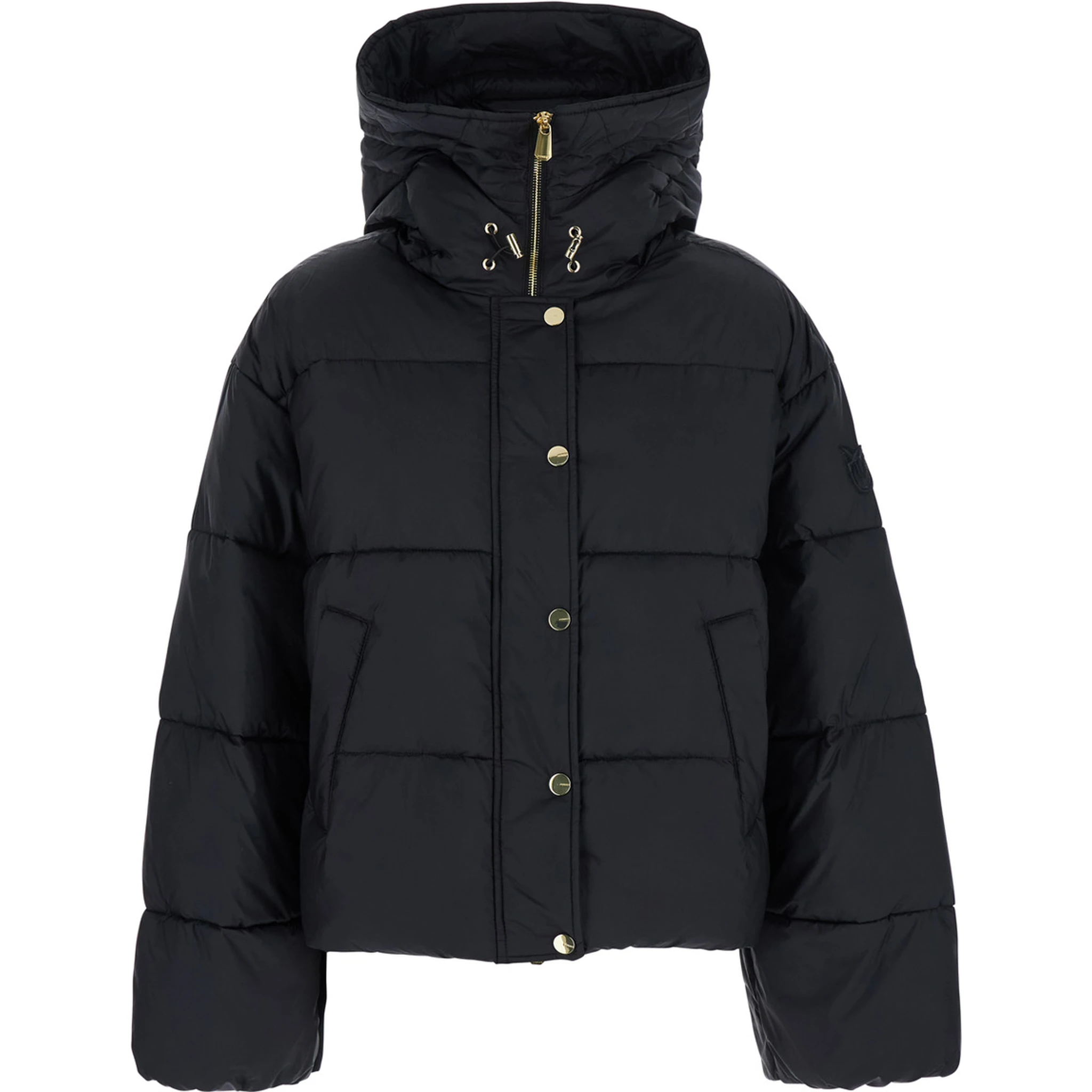 Black Down Jacket with Drawstring Hood and Logo Patch on the Sleeve in Tech Fabric Woman