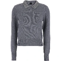 Grey Polo Shirt with Crystal-Decorated Collar and Logo Patch on the Back in Cashmere Woman