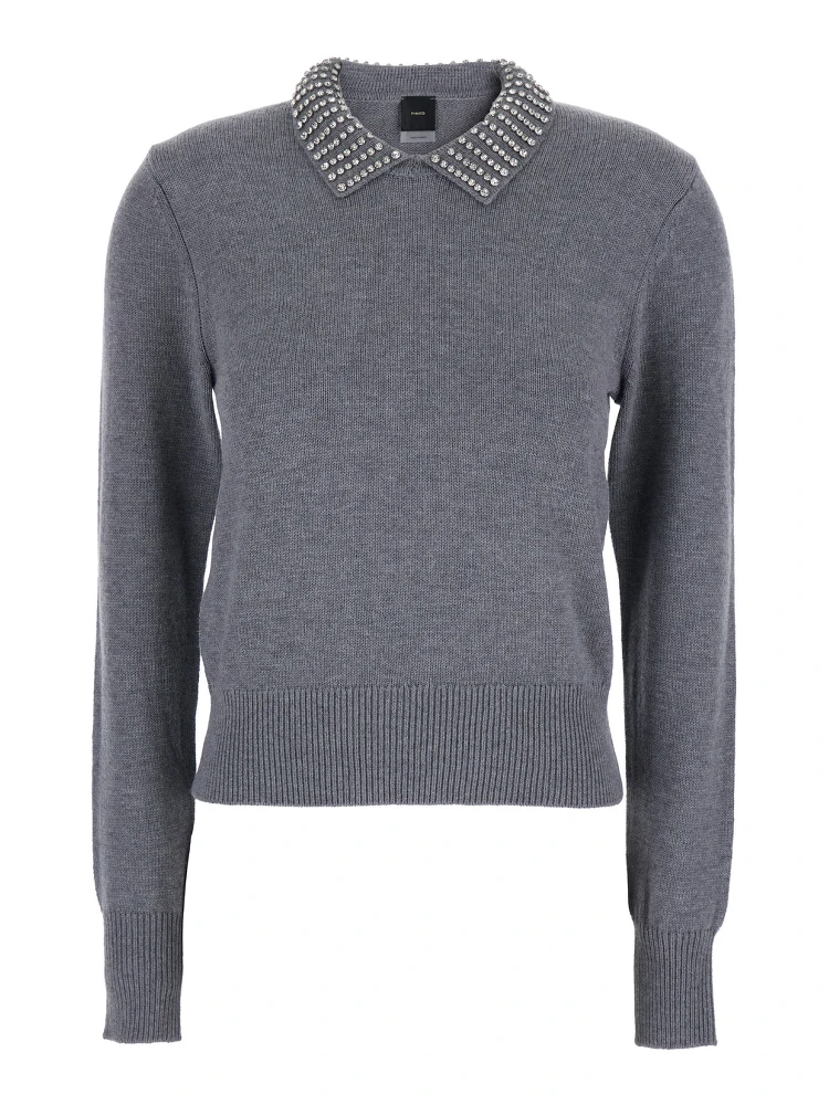 Grey Polo Shirt with Crystal-Decorated Collar and Logo Patch on the Back in Cashmere Woman