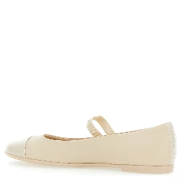 Beige Ballet Shoes with Cap Toe and Strap with Logo Lettering in Leather Girl