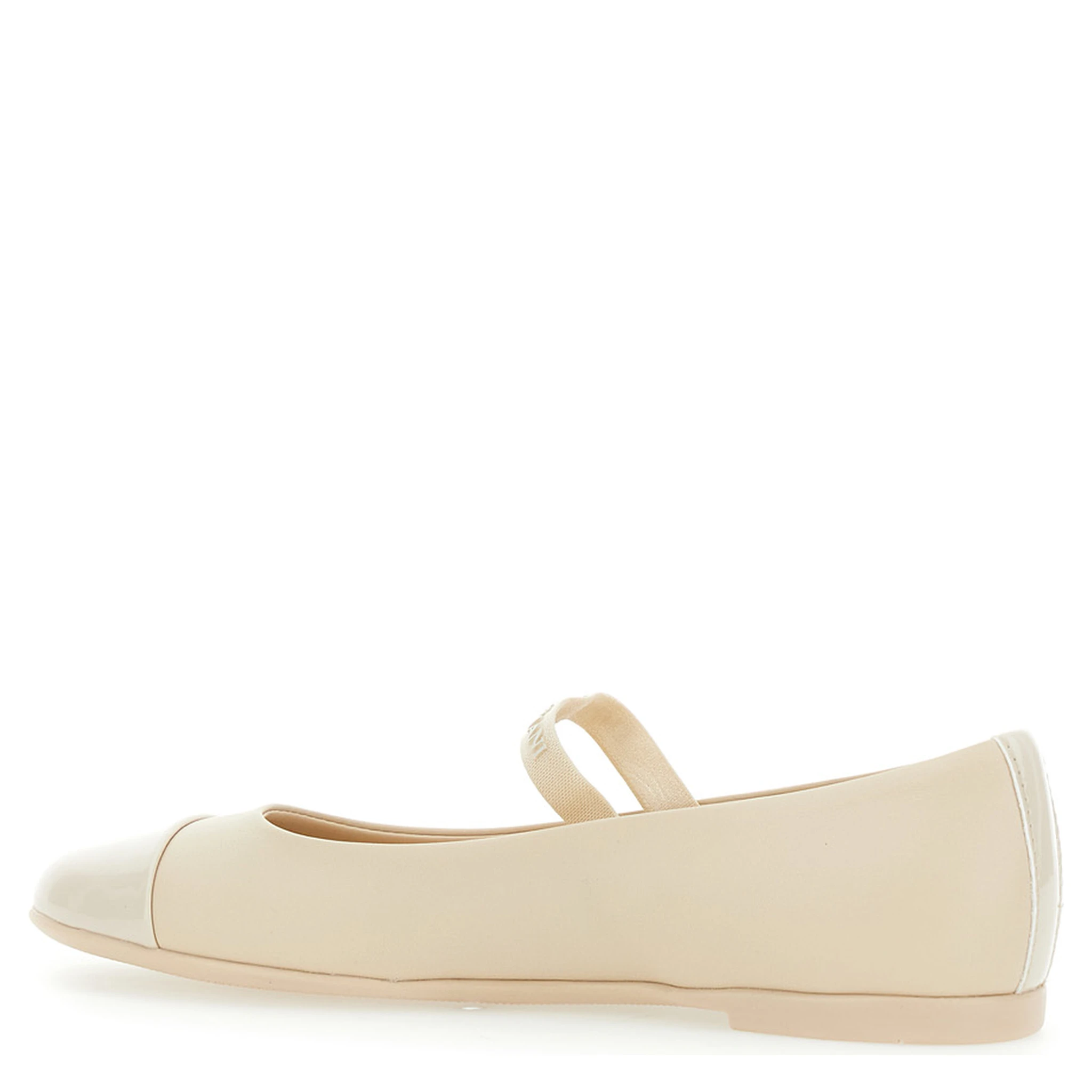 Beige Ballet Shoes with Cap Toe and Strap with Logo Lettering in Leather Girl